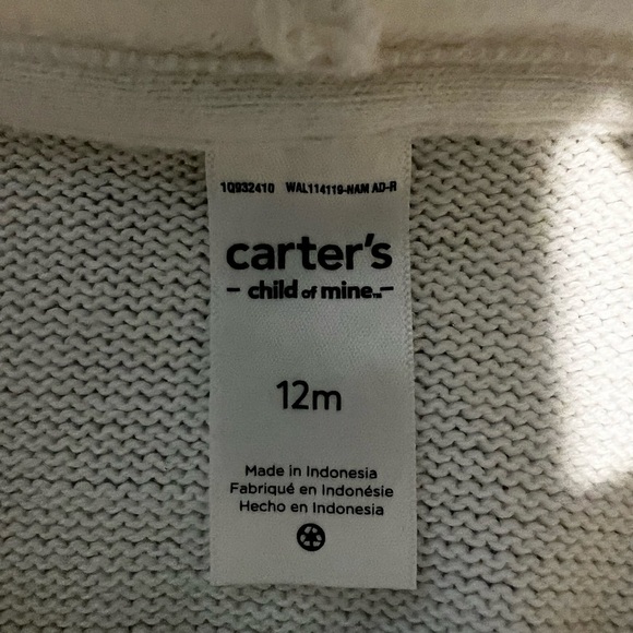 Carter's 12 Months White Hooded Sweater with Ears Baby Sweater Cardigan (0199) - Picture 4 of 6